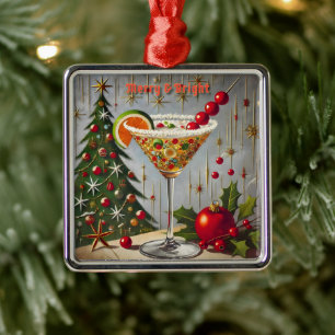 Retro 50s Merry Bright Christmas Candy Cocktail Metal Tree Decoration