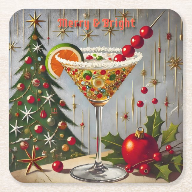 Retro 50s Merry Bright Christmas Candy Cocktail Square Paper Coaster (Front)