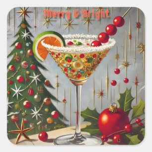 Retro 50s Merry Bright Christmas Candy Cocktail Square Sticker