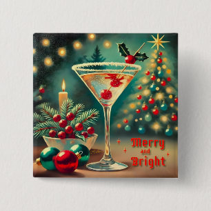 Retro 50s Merry Bright Christmas Cocktail Martini 15 Cm Square Badge