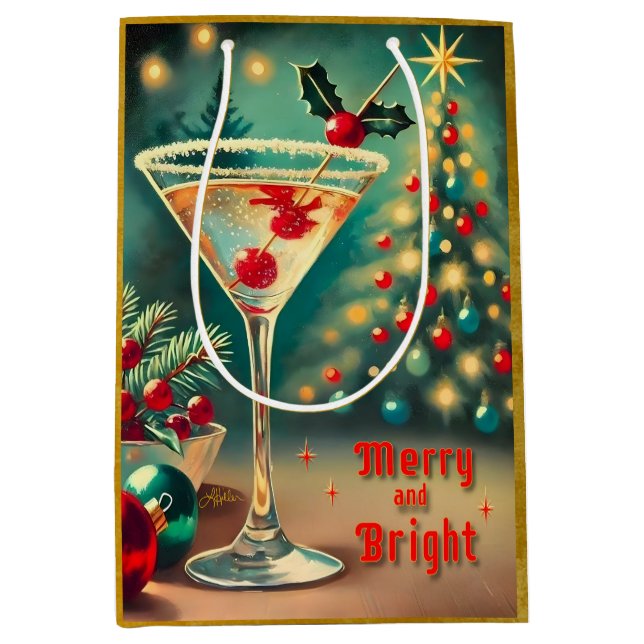 Retro 50s Merry Bright Christmas Cocktail Martini Medium Gift Bag (Front)