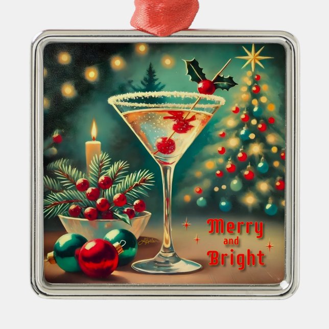 Retro 50s Merry Bright Christmas Cocktail Martini Metal Tree Decoration (Front)