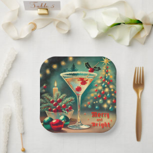 Retro 50s Merry Bright Christmas Cocktail Martini Paper Plate
