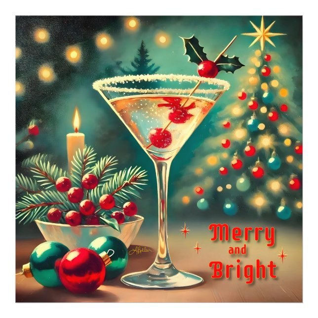 Retro 50s Merry Bright Christmas Cocktail Martini Photo Print (Front)