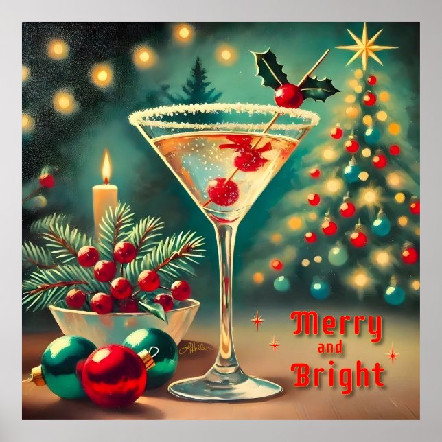 Retro 50s Merry Bright Christmas Cocktail Martini Poster (Front)