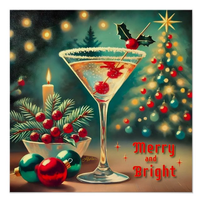 Retro 50s Merry Bright Christmas Cocktail Martini Poster (Front)