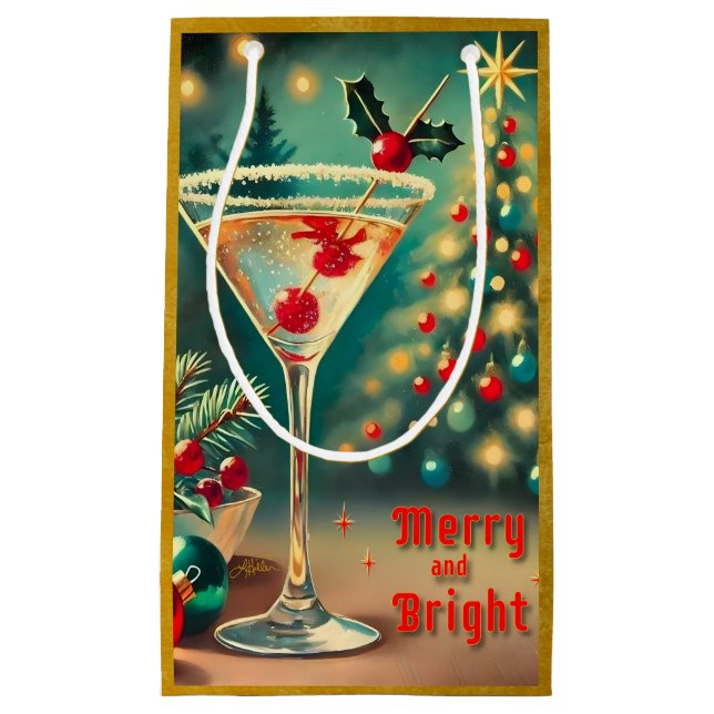 Retro 50s Merry Bright Christmas Cocktail Martini Small Gift Bag (Front)