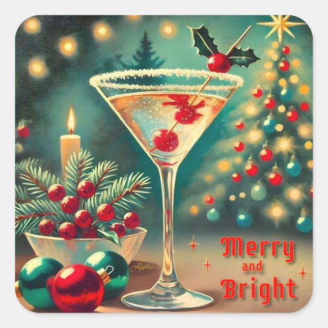 Retro 50s Merry Bright Christmas Cocktail Martini Square Sticker (Front)