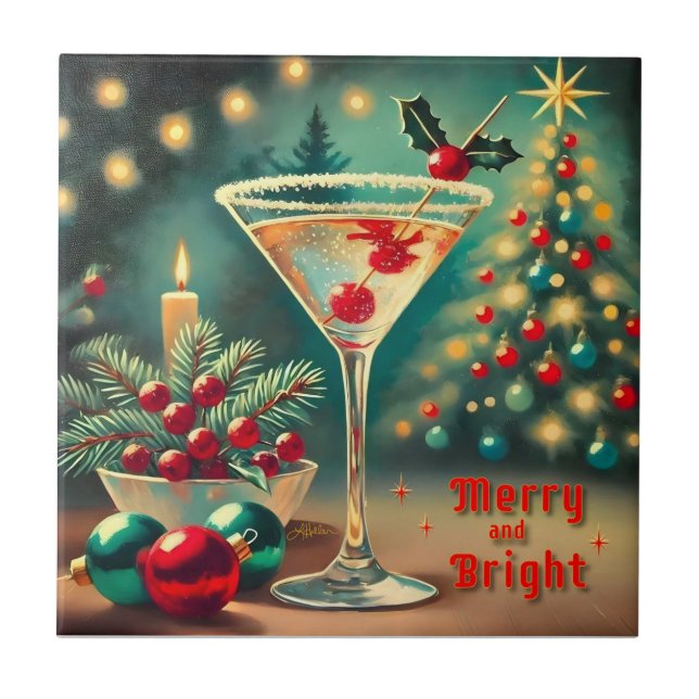 Retro 50s Merry Bright Christmas Cocktail Martini Tile (Front)