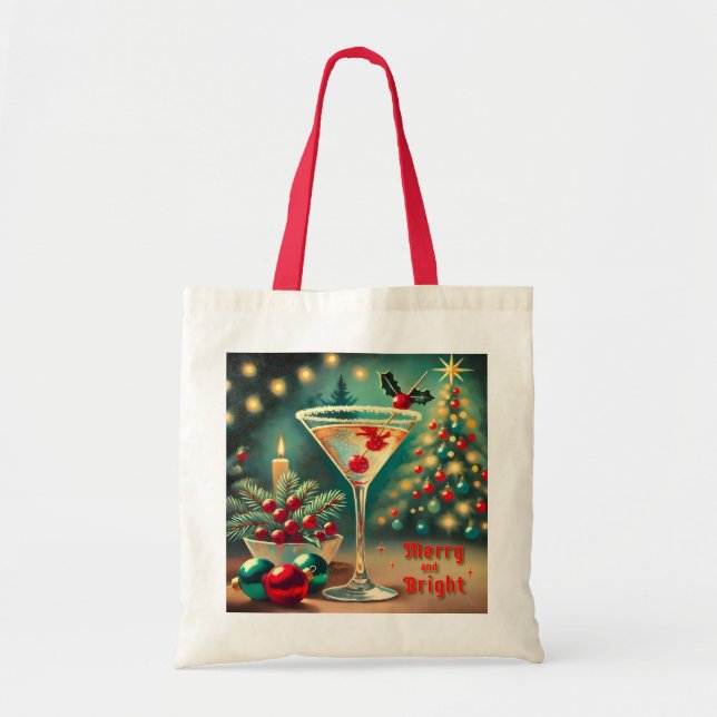 Retro 50s Merry Bright Christmas Cocktail Martini Tote Bag (Front)