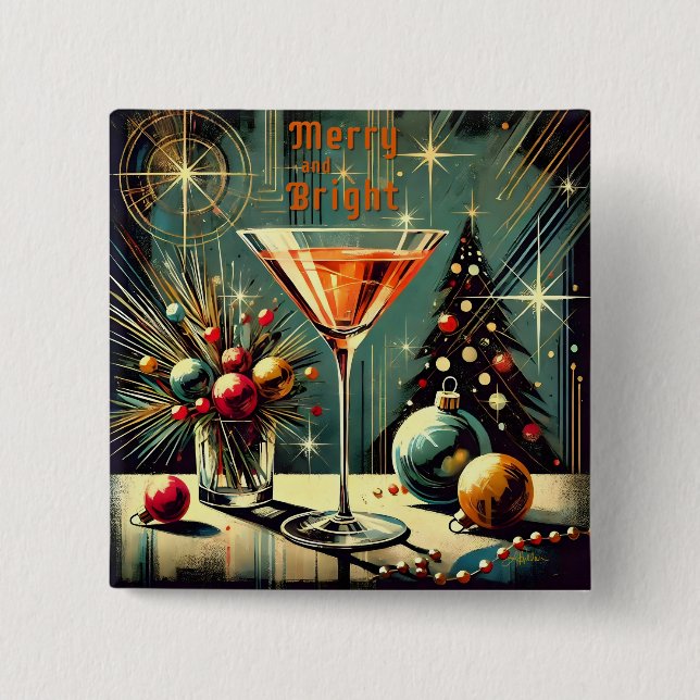 Retro 50s Merry & Bright Christmas Martini 15 Cm Square Badge (Front)