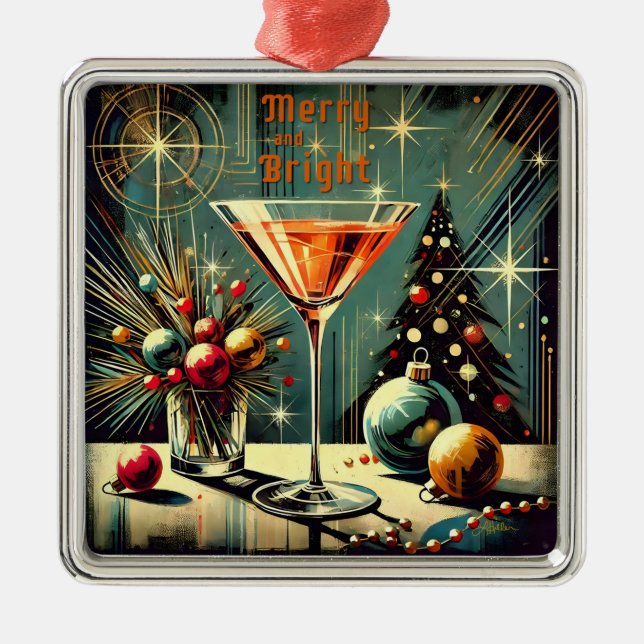 Retro 50s Merry & Bright Christmas Martini Metal Tree Decoration (Front)