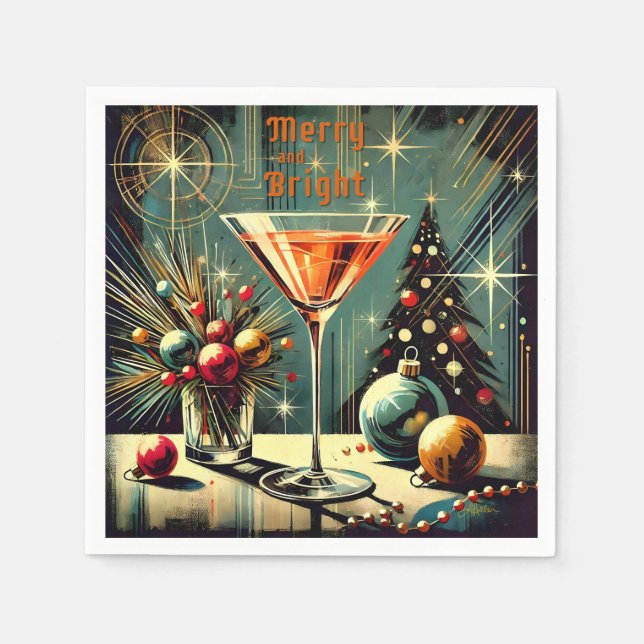 Retro 50s Merry & Bright Christmas Martini Napkin (Front)