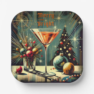 Retro 50s Merry & Bright Christmas Martini Paper Plate