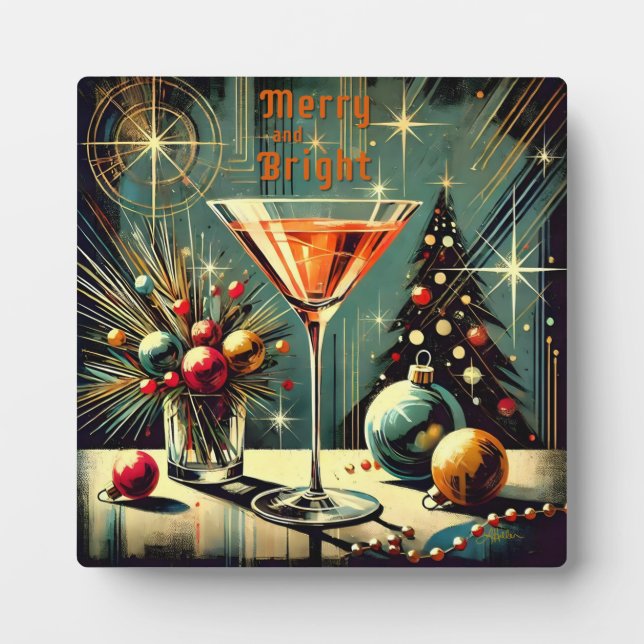 Retro 50s Merry & Bright Christmas Martini Plaque (Front)