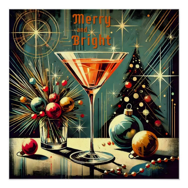 Retro 50s Merry & Bright Christmas Martini Poster (Front)