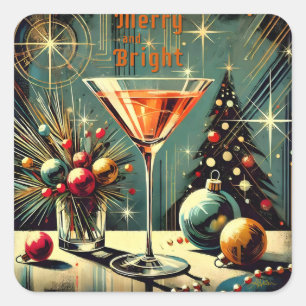 Retro 50s Merry & Bright Christmas Martini Square Sticker