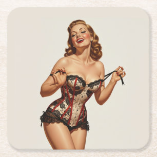 Retro 50's Pin-up Beauty Square Paper Coaster