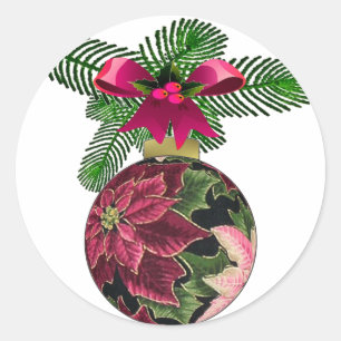 Retro 50s Poinsettia Burgundy Ornament Classic Round Sticker