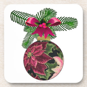 Retro 50s Poinsettia Burgundy Ornament Coaster