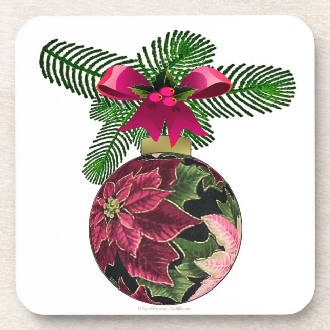 Retro 50s Poinsettia Burgundy Ornament Coaster (Front)