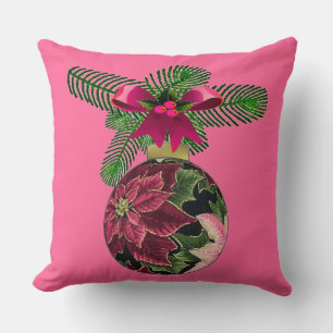 Retro 50s Poinsettia Burgundy Ornament Cushion