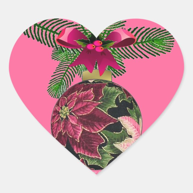 Retro 50s Poinsettia Burgundy Ornament Heart Sticker (Front)