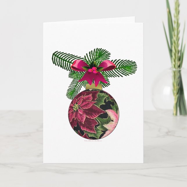 Retro 50s Poinsettia Burgundy Ornament Holiday Card (Front)