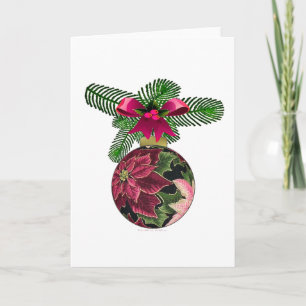 Retro 50s Poinsettia Burgundy Ornament Holiday Card