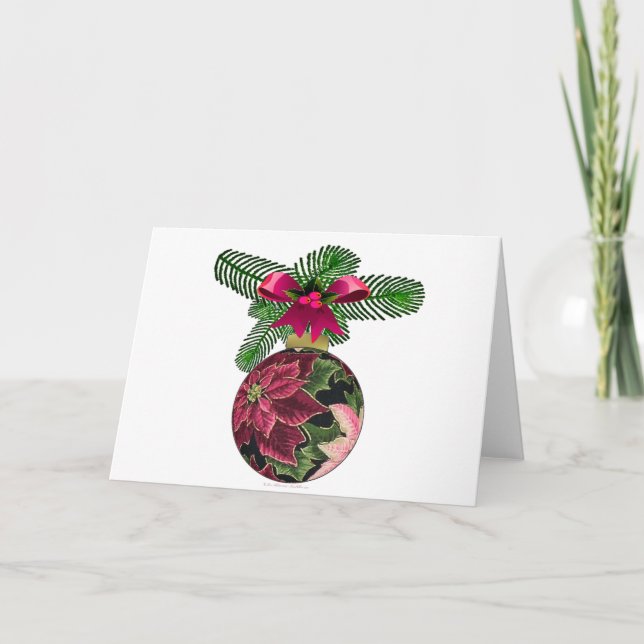 Retro 50s Poinsettia Burgundy Ornament Holiday Card (Front)