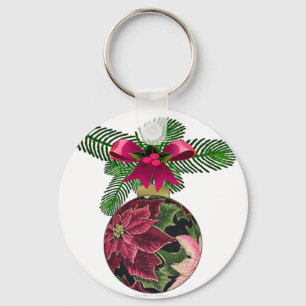 Retro 50s Poinsettia Burgundy Ornament Key Ring