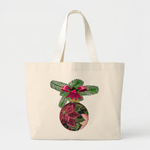 Retro 50s Poinsettia Burgundy Ornament Large Tote Bag