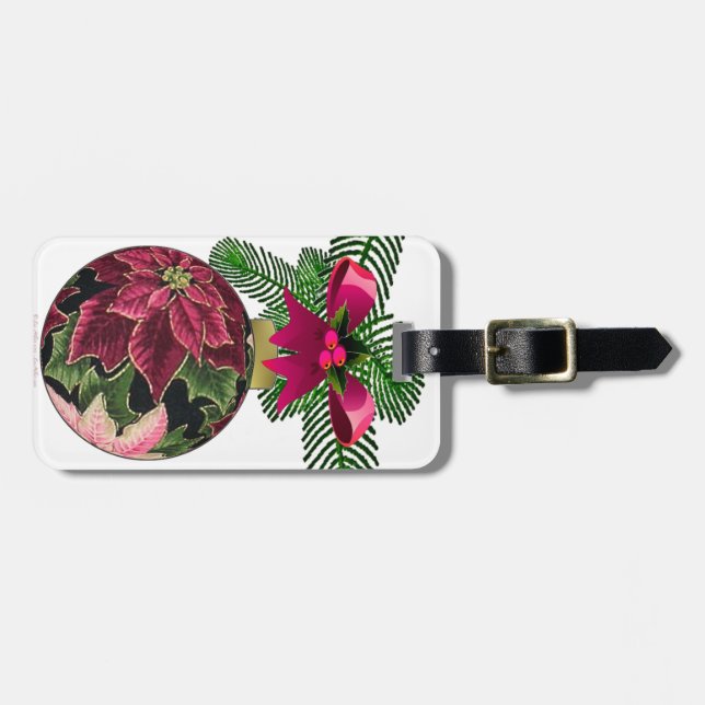 Retro 50s Poinsettia Burgundy Ornament Luggage Tag (Front Horizontal)