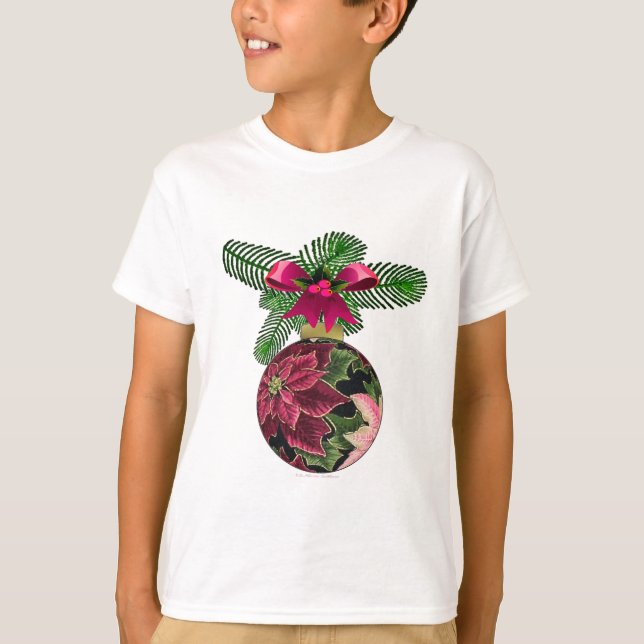 Retro 50s Poinsettia Burgundy Ornament T-Shirt (Front)