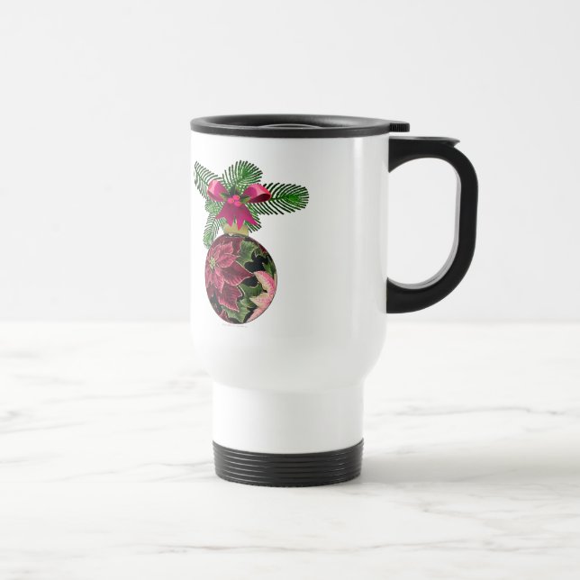 Retro 50s Poinsettia Burgundy Ornament Travel Mug (Right)