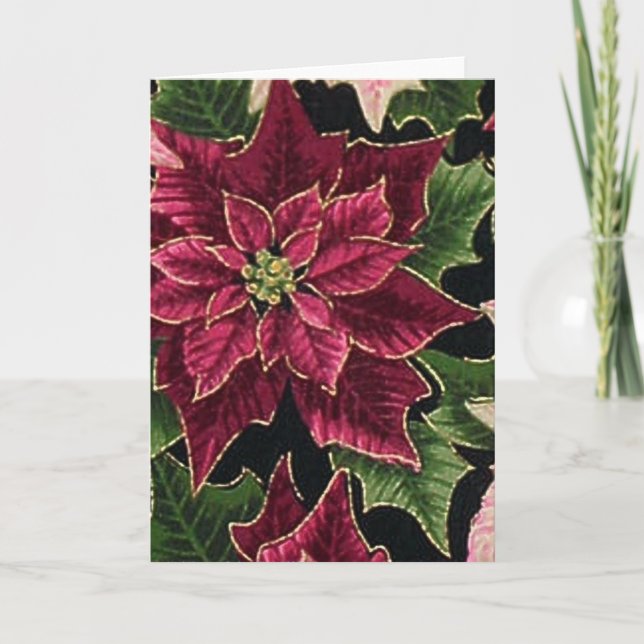 Retro 50s Poinsettia Burgundy Pink Holiday Card (Front)