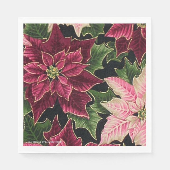 Retro 50s Poinsettia Burgundy Pink Paper Napkins (Front)