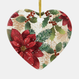 Retro 50s Poinsettia Red Green Cream Ceramic Tree Decoration