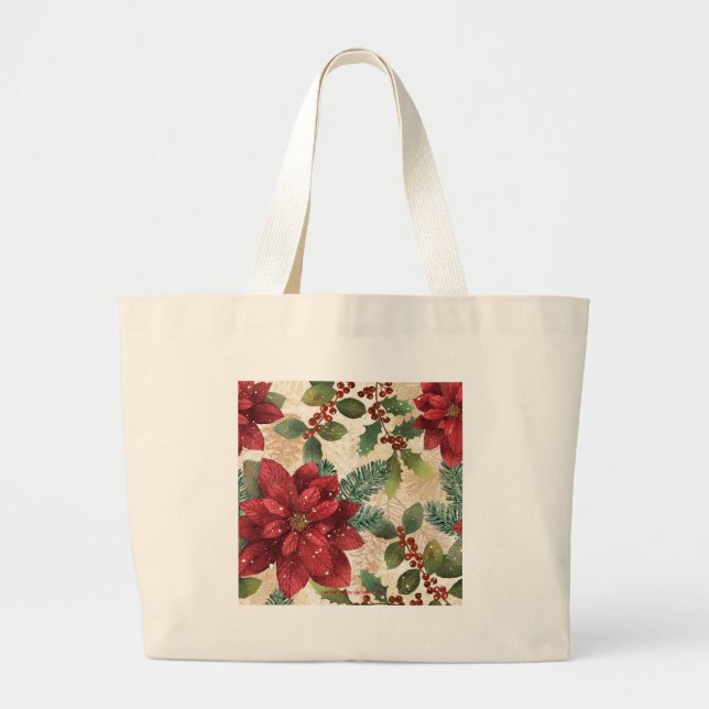 Retro 50s Poinsettia Red Green Cream Large Tote Bag (Front)