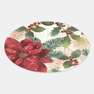 Retro 50s Poinsettia Red Green Cream Oval Sticker
