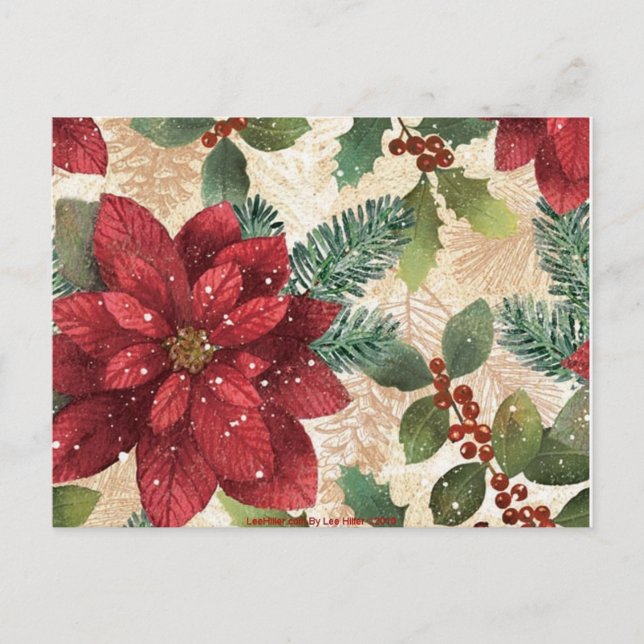 Retro 50s Poinsettia Red Green Cream Postcard (Front)