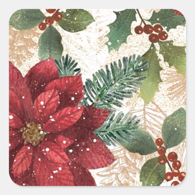 Retro 50s Poinsettia Red Green Cream Square Sticker (Front)