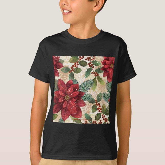 Retro 50s Poinsettia Red Green Cream T-Shirt (Front)