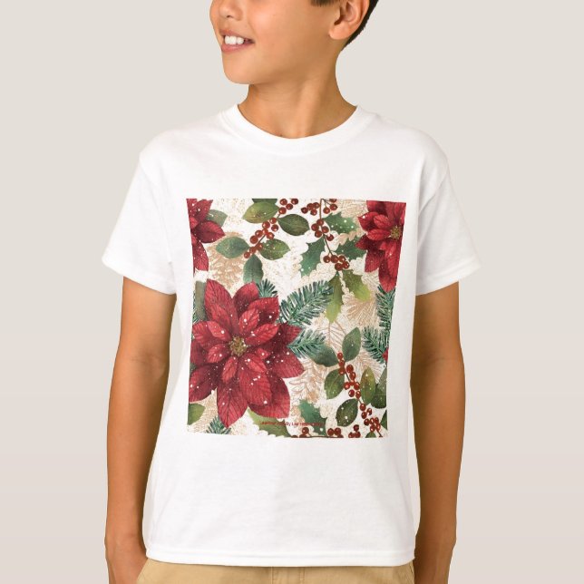 Retro 50s Poinsettia Red Green Cream T-Shirt (Front)
