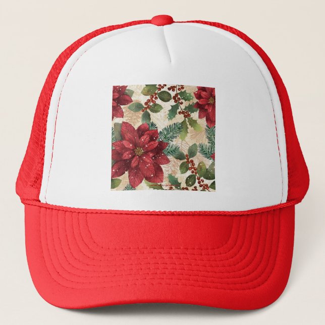 Retro 50s Poinsettia Red Green Cream Trucker Hat (Front)
