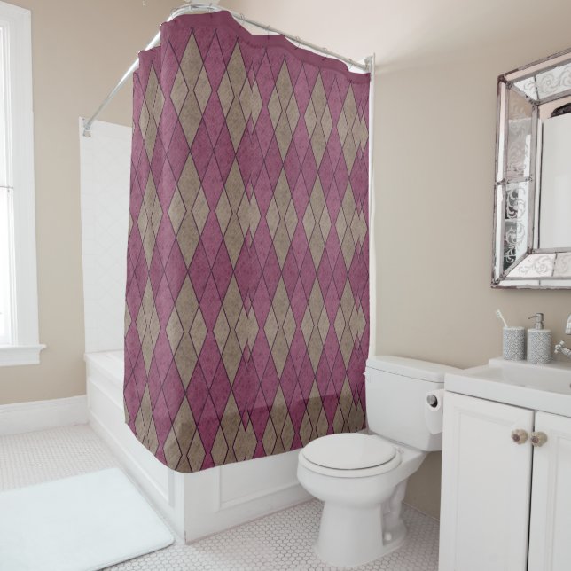 Retro 50s Purple Geometric Diamonds Unique Shower Curtain (In Situ)