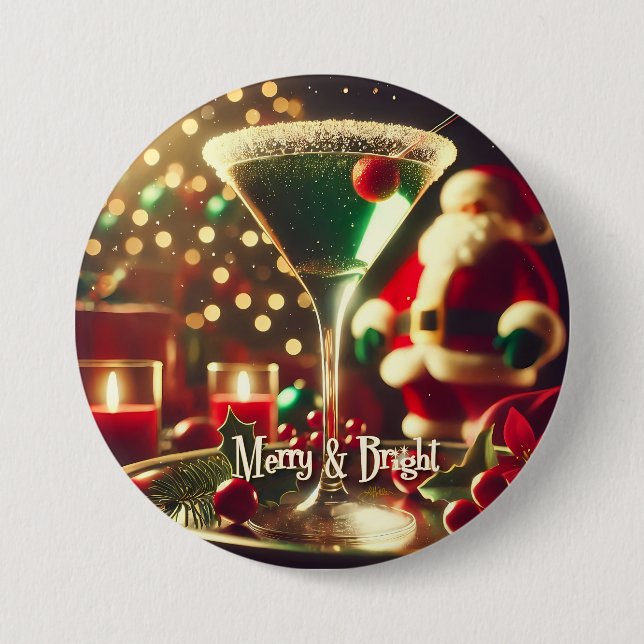 Retro 50s Santa Christmas Green Martini 7.5 Cm Round Badge (Front)