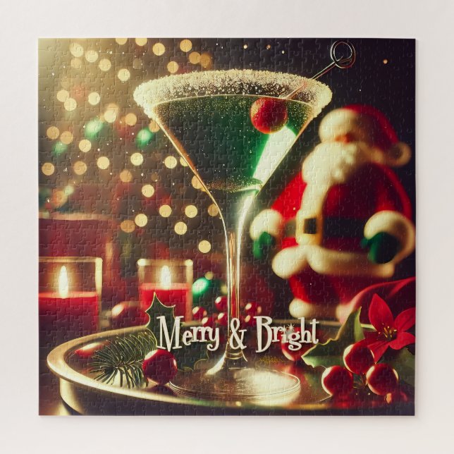 Retro 50s Santa Christmas Green Martini Jigsaw Puzzle (Vertical)