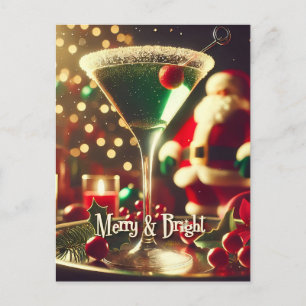 Retro 50s Santa Christmas Green Martini Postcard