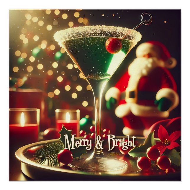 Retro 50s Santa Christmas Green Martini Poster (Front)